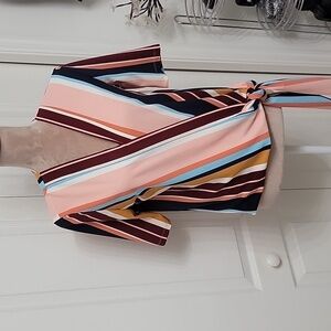 Halogen,  Size S, Side-Front Tie, V-Neck Blouse, Striped, Excellent Used Cond.